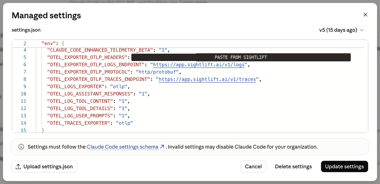 The Managed settings dialog in the Claude organization console, showing a settings.json file with OpenTelemetry environment variables pointing at SightLift.
